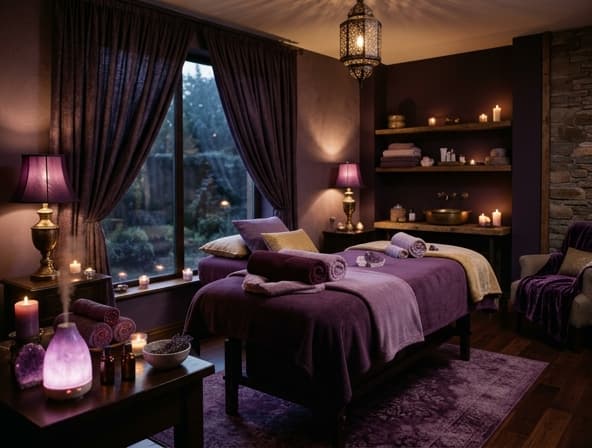 Massage room at Knotts Massage with low lighting and a single lamp beside the massage table